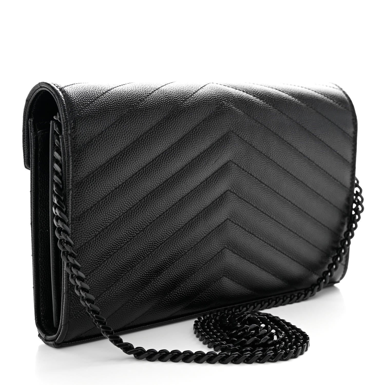 Saint Laurent Grain De Poudre Matelasse Chevron Monogram Monochrome Chain Wallet Black 2 of 9