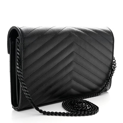Saint Laurent Grain De Poudre Matelasse Chevron Monogram Monochrome Chain Wallet Black 2 of 9
