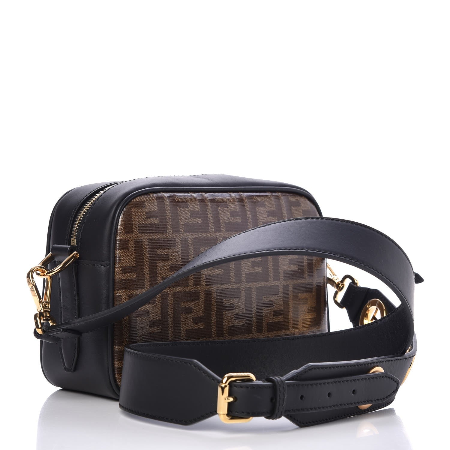 Fendi Glazed Fabric Vitello Century F is Fendi FF 1974 Stamp Patch Camera Case Mogano Panna Black 3 of 7