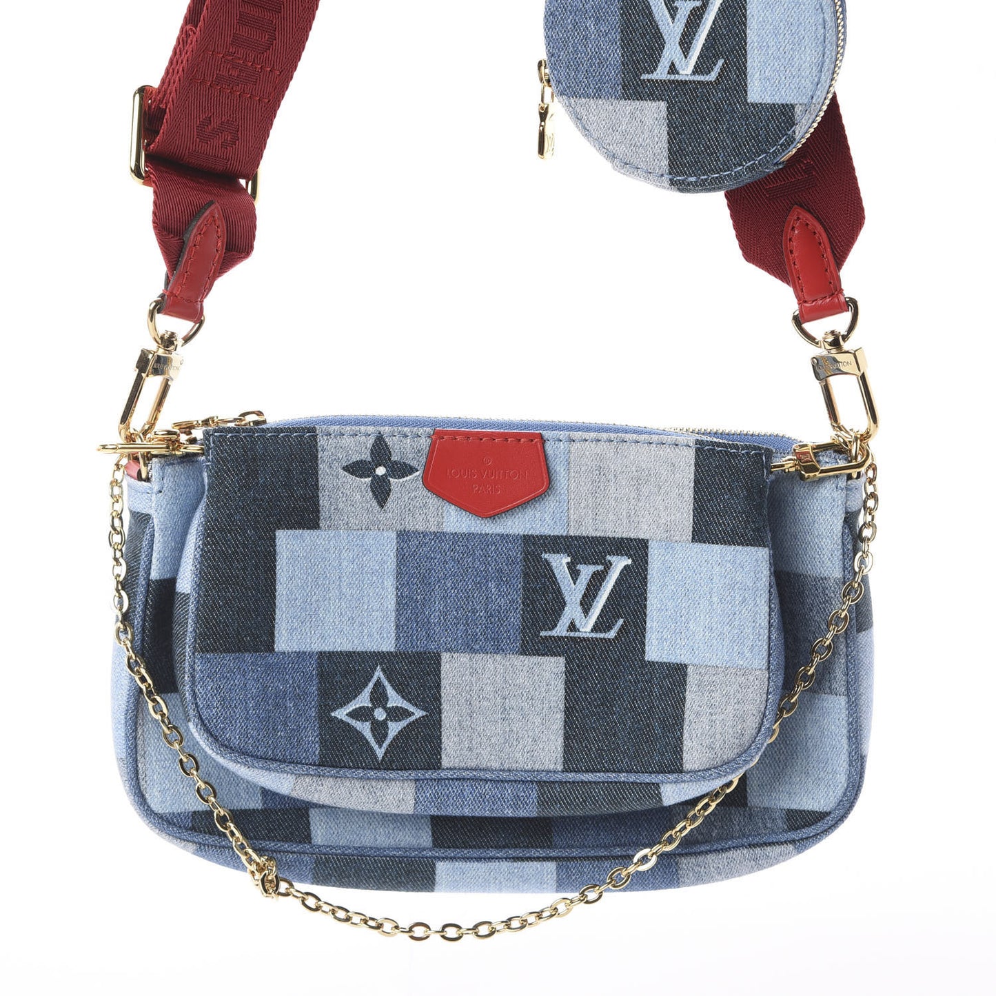 Denim Damier Monogram Patchwork Multi Pochette Accessories Blue Rouge