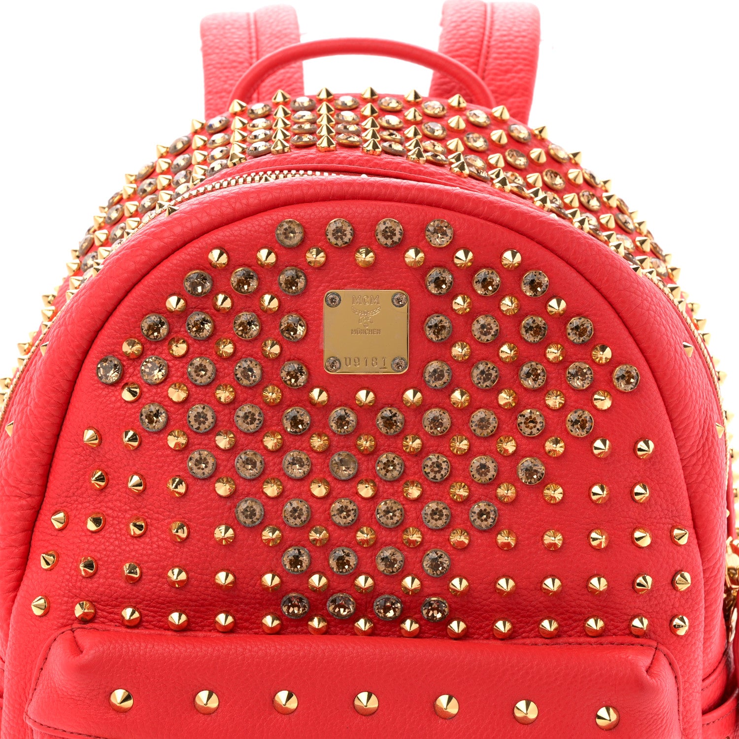 MCM Grainy Lambskin Crystal Studded Small Stark Backpack Red 7 of 10