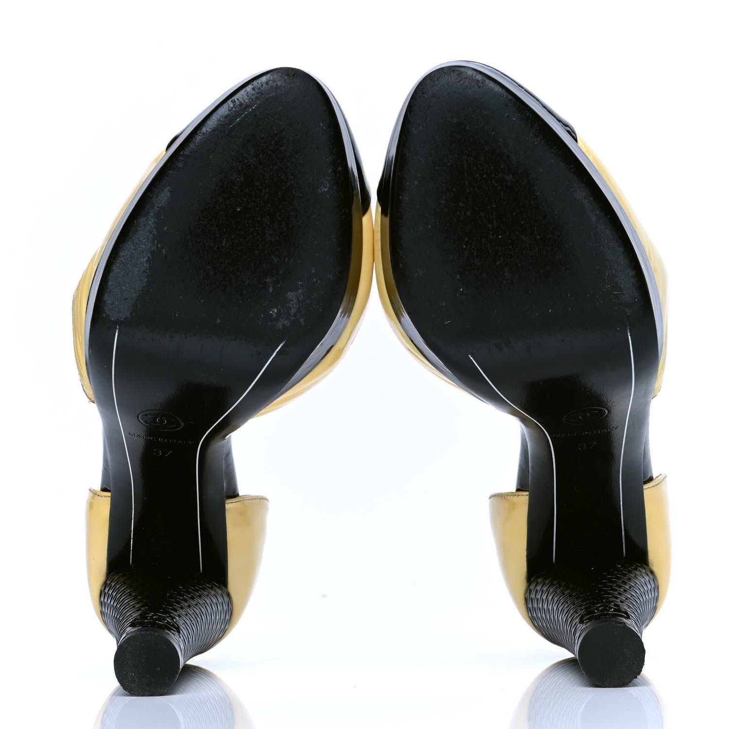 Chanel Patent Snakeskin Embossed Cap Toe d'Orsay Pumps 37 Black Yellow 7 of 8