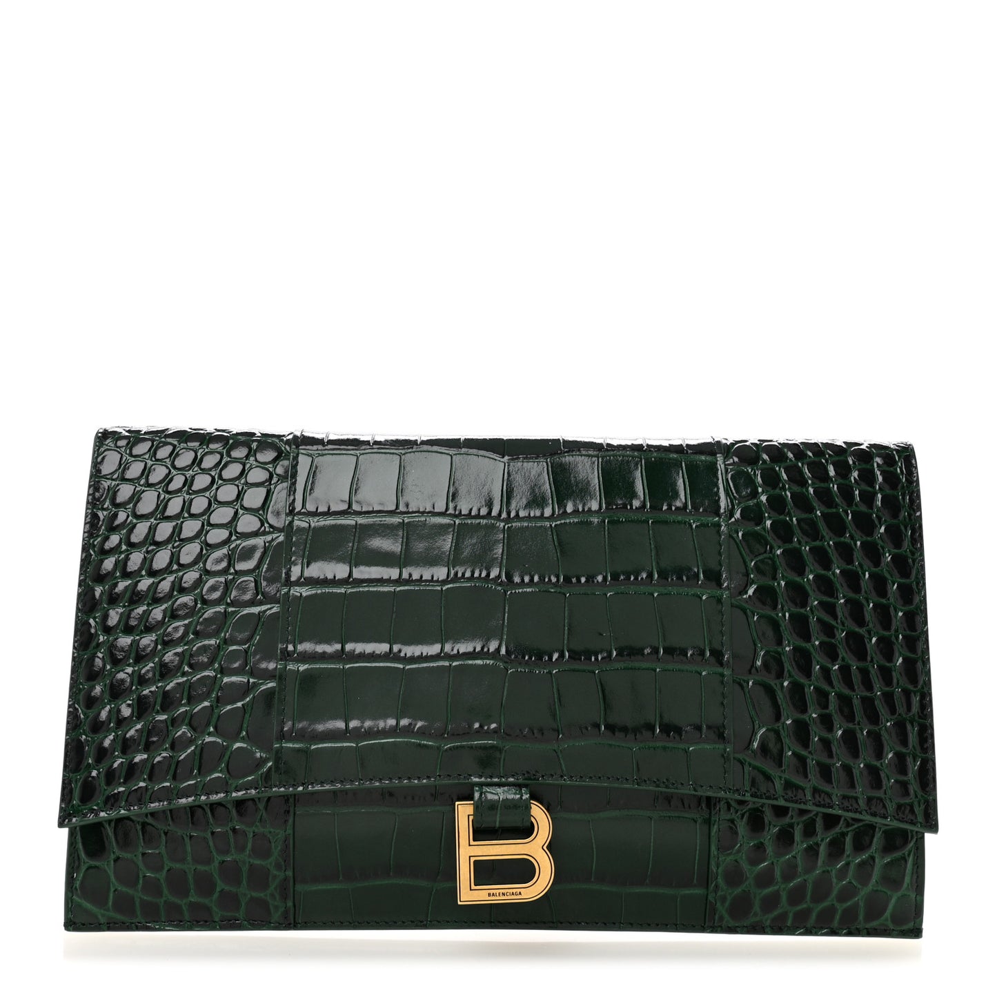 Shiny Calfskin Crocodile Embossed Hourglass Flap Flat Pouch Forest Green