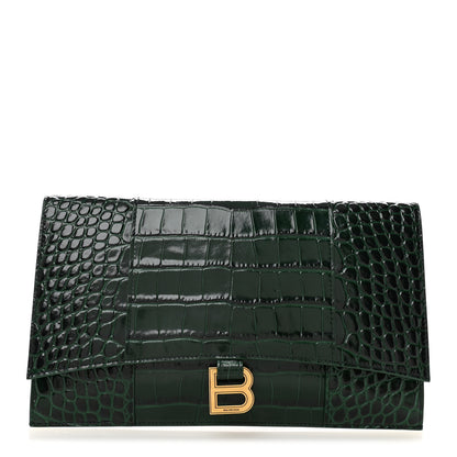 Balenciaga Shiny Calfskin Crocodile Embossed Hourglass Flap Flat Pouch Forest Green 1 of 6