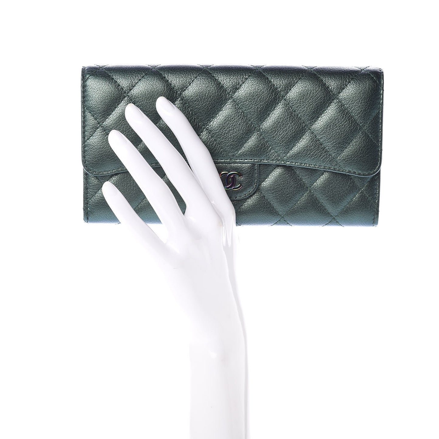 Iridescent Goatskin Quilted Large Flap Wallet Green
