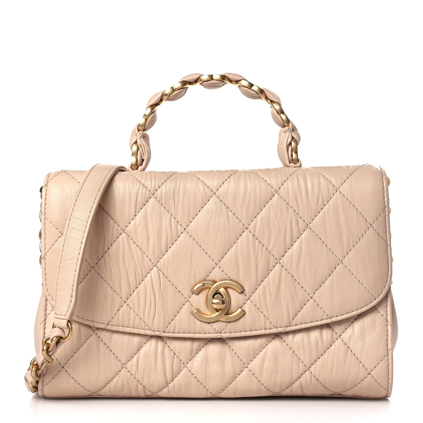 Crumpled Lambskin Quilted Small CC Links Top Handle Flap Beige