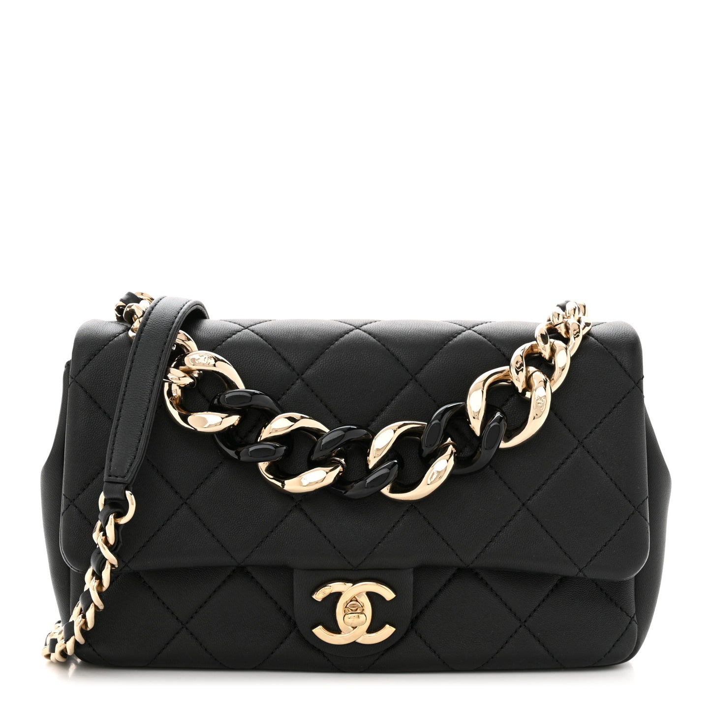 Lambskin Quilted Resin Bi-Color Chain Flap Bag Black
