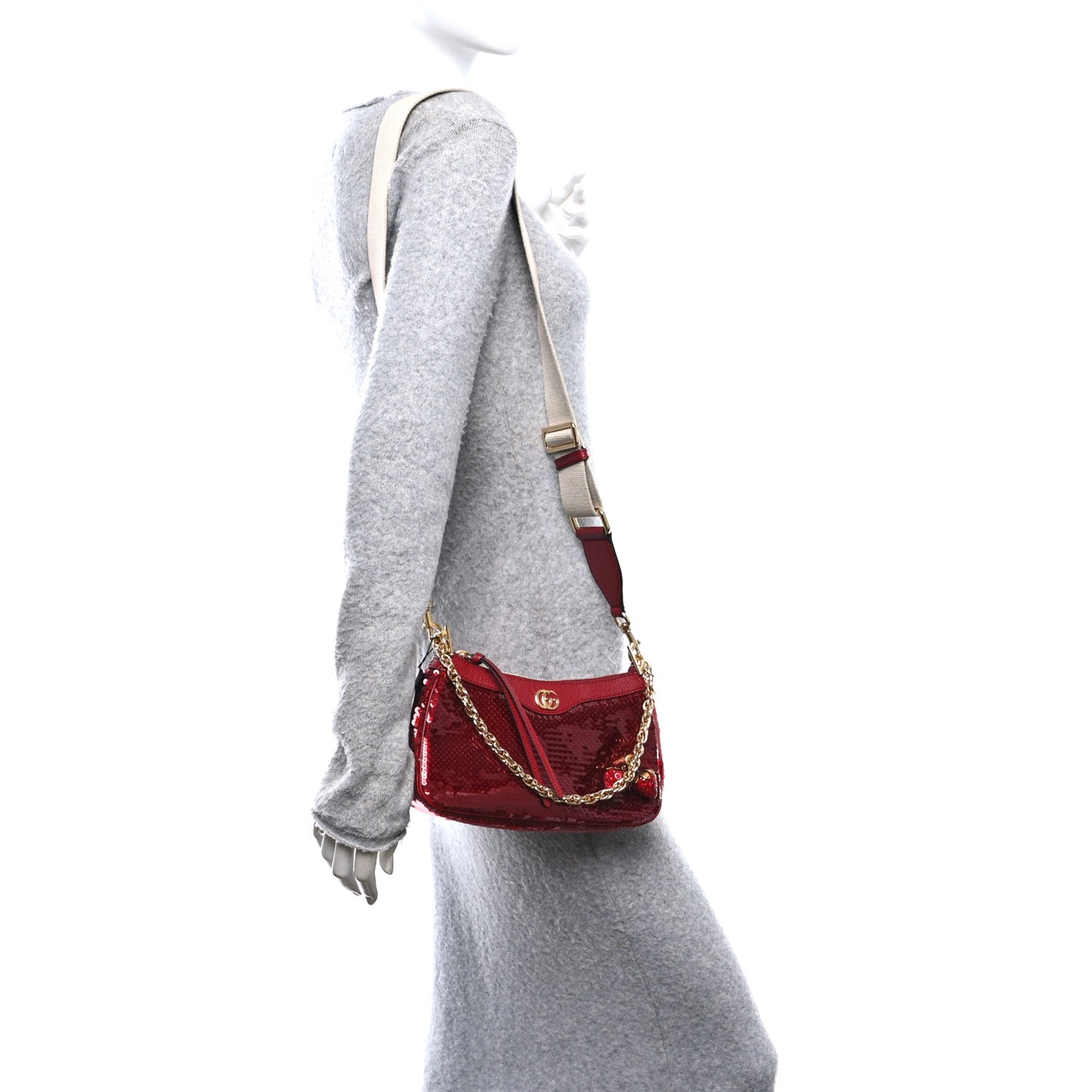 Sequin Textured Dollar Calfskin Strawberry Small Ophidia GG Handbag Red