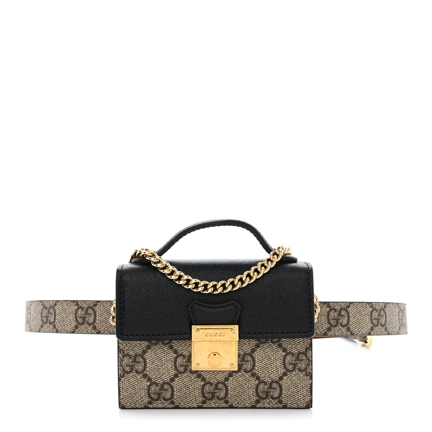 GG Supreme Monogram Calfskin Mini Padlock Top Handle Belt Bag Beige Black Cuir