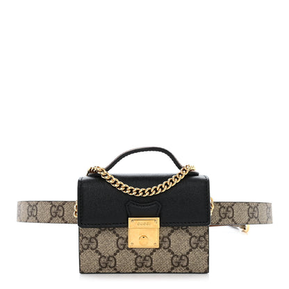 Gucci GG Supreme Monogram Calfskin Mini Padlock Top Handle Belt Bag Beige Black Cuir 1 of 12