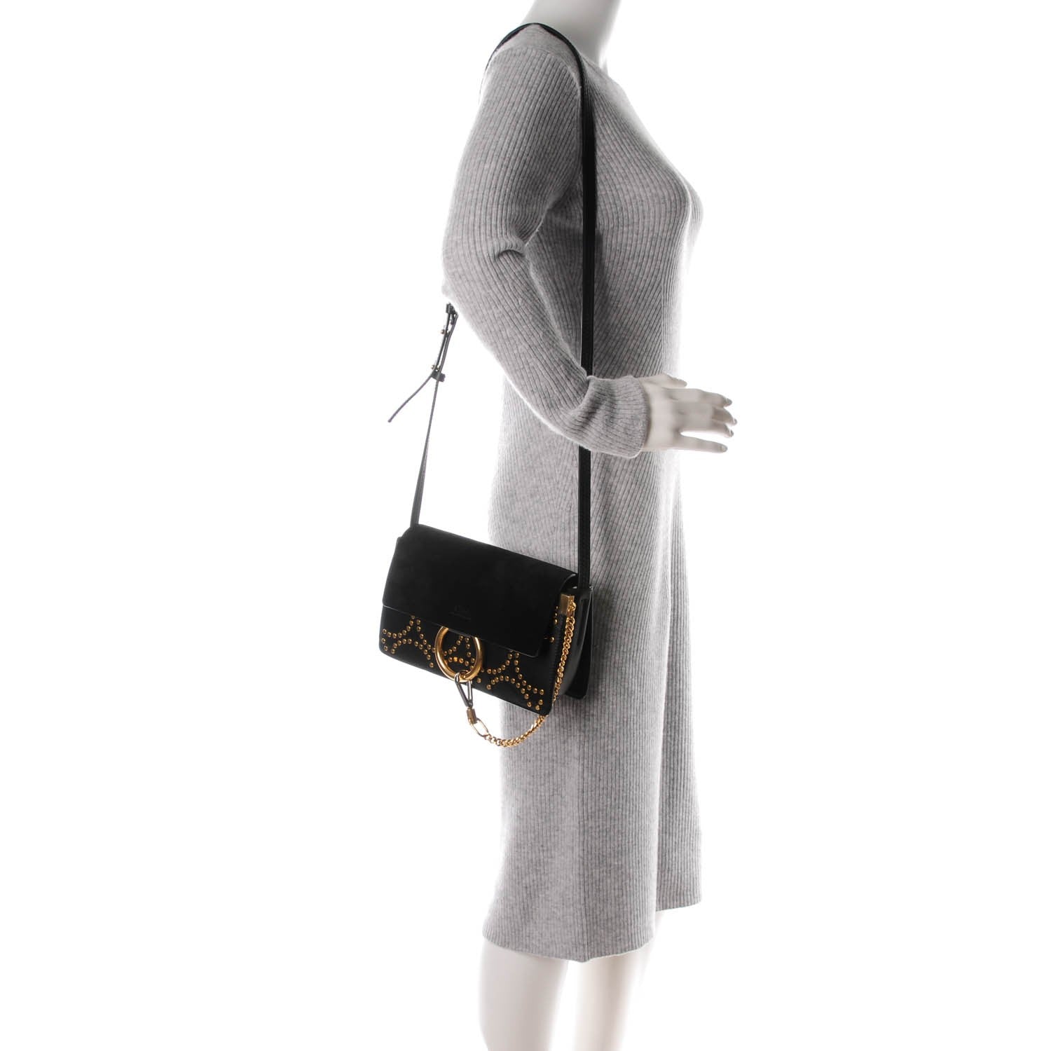 Chloe Suede Calfskin Studded Small Faye Shoulder Bag Black 2 of 7