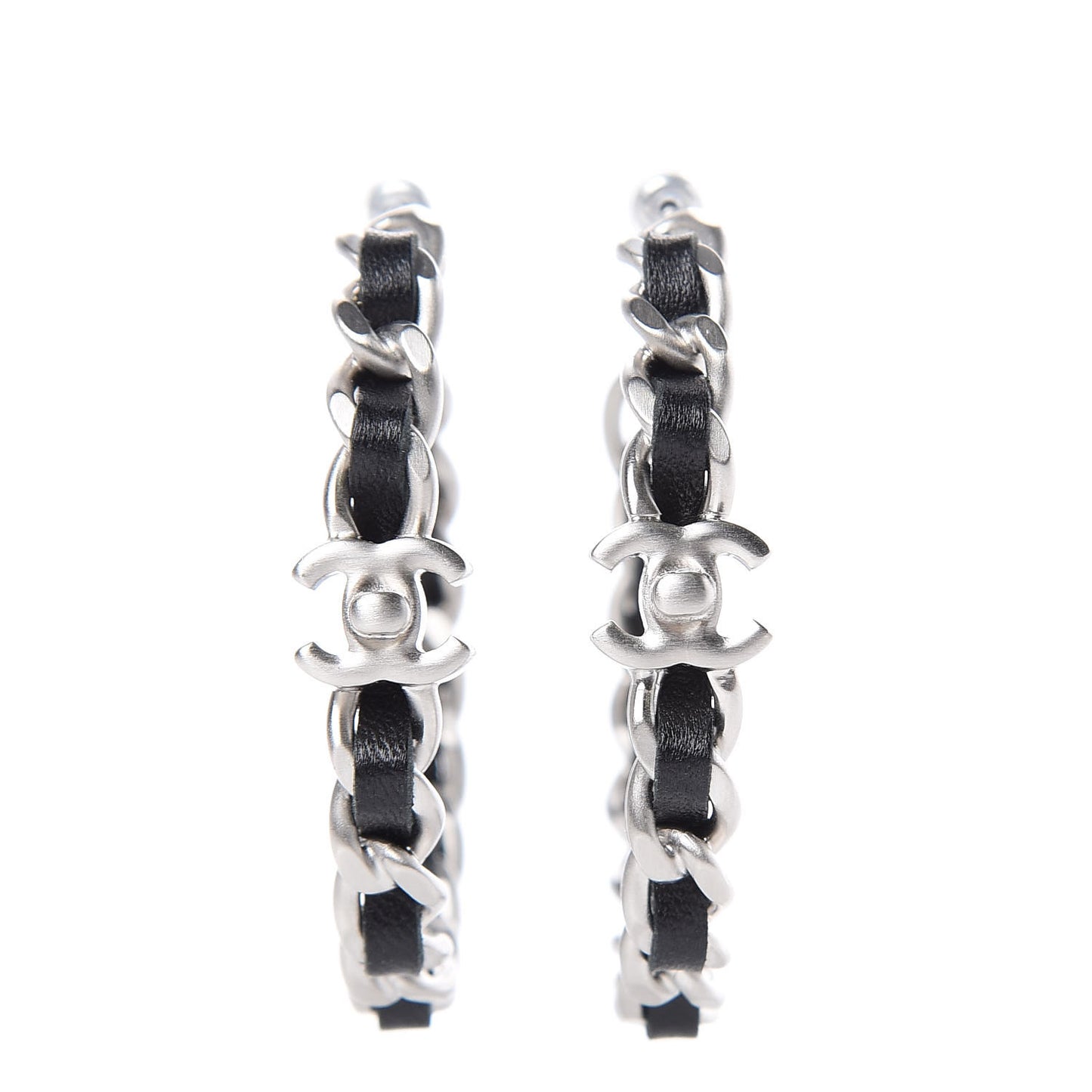 Lambskin CC Turnlock Chain Hoop Earrings Silver Black