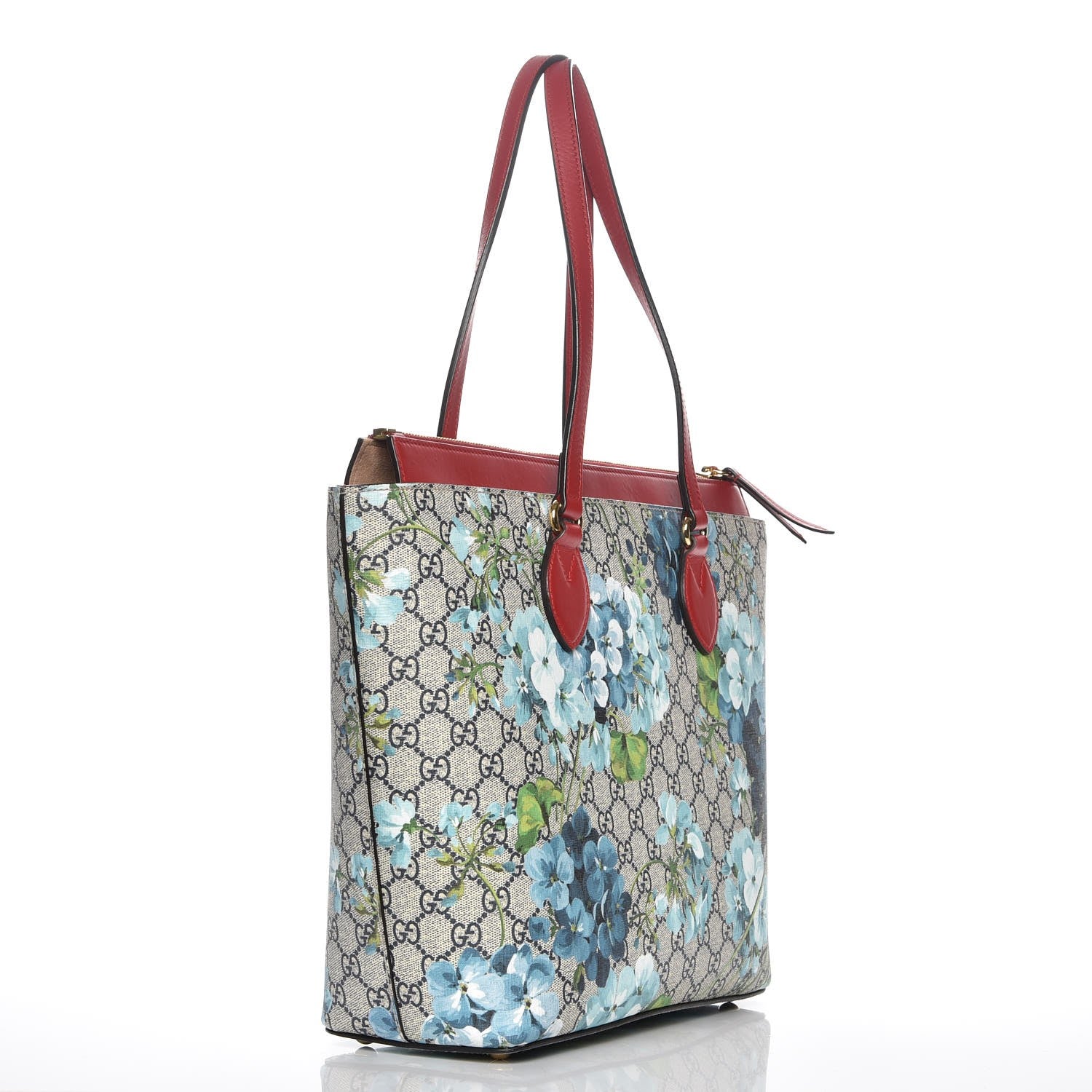 Gucci GG Supreme Monogram Blooms Medium Zippered Bucket Tote Beige Blue Navy Hibiscus Red 3 of 8