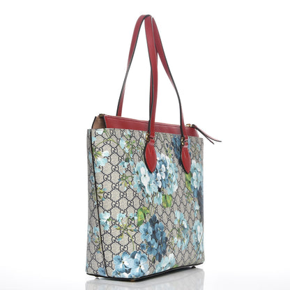 Gucci GG Supreme Monogram Blooms Medium Zippered Bucket Tote Beige Blue Navy Hibiscus Red 3 of 8