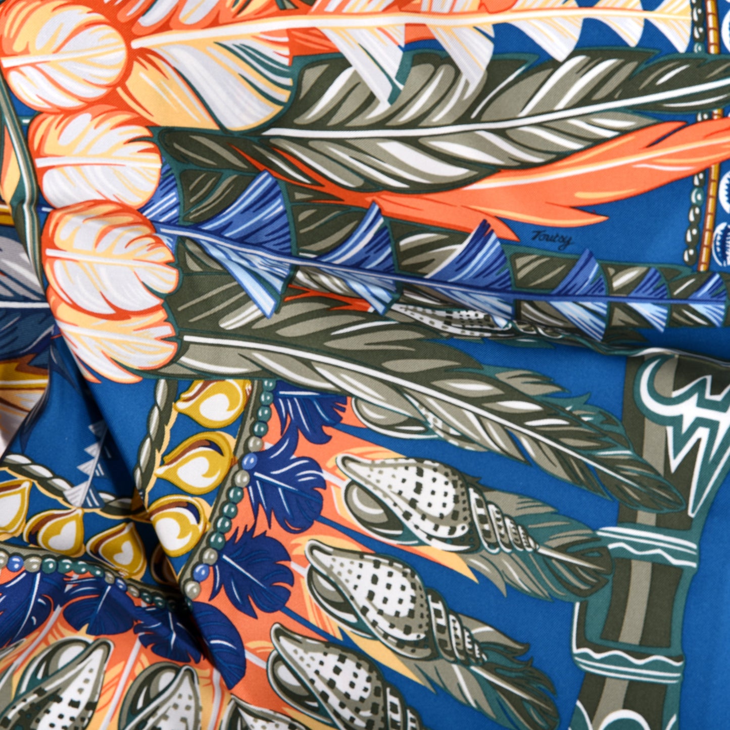 Silk Danse Pacifique Scarf 90 Bleu Canard Orange Kaki