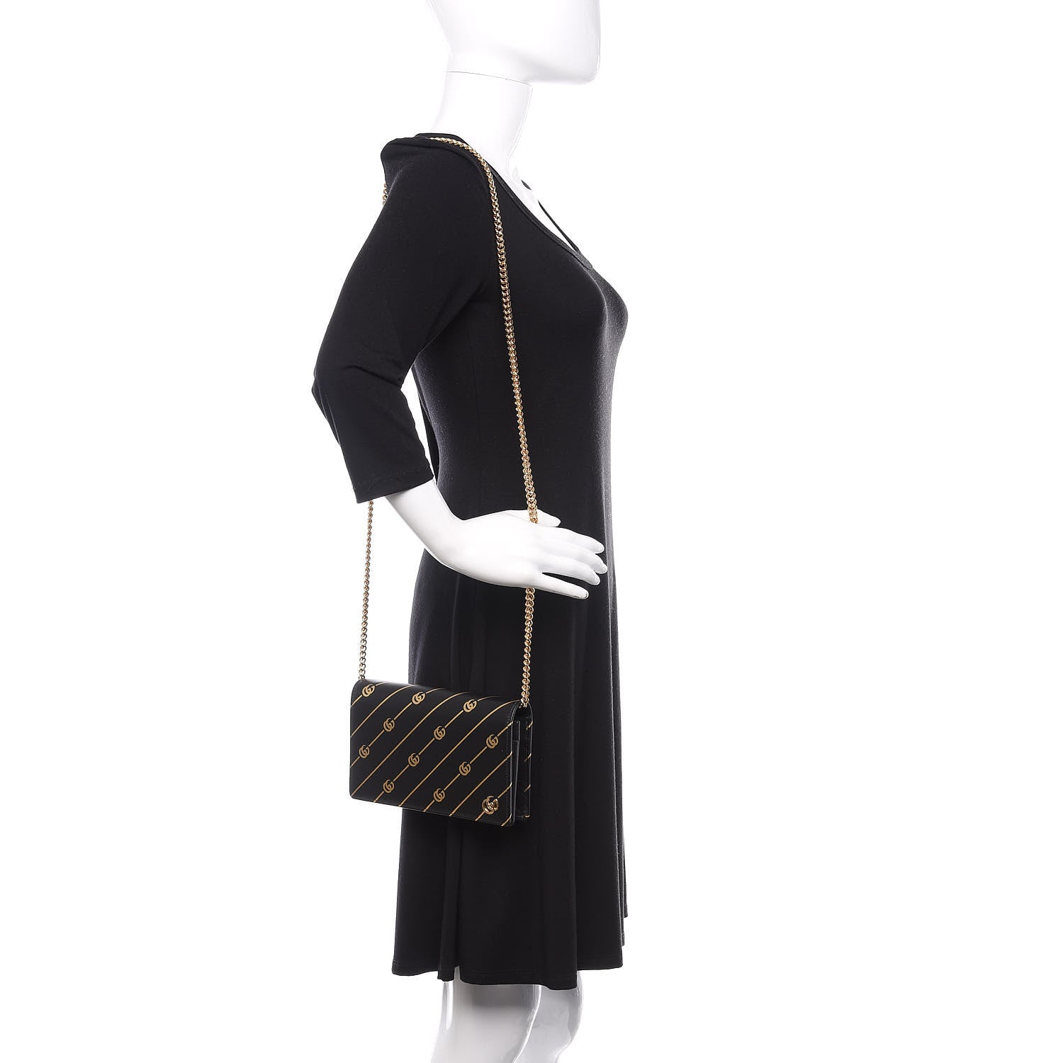 Gucci Calfskin Diagonal GG Mini Chain Wallet Black Gold 2 of 12