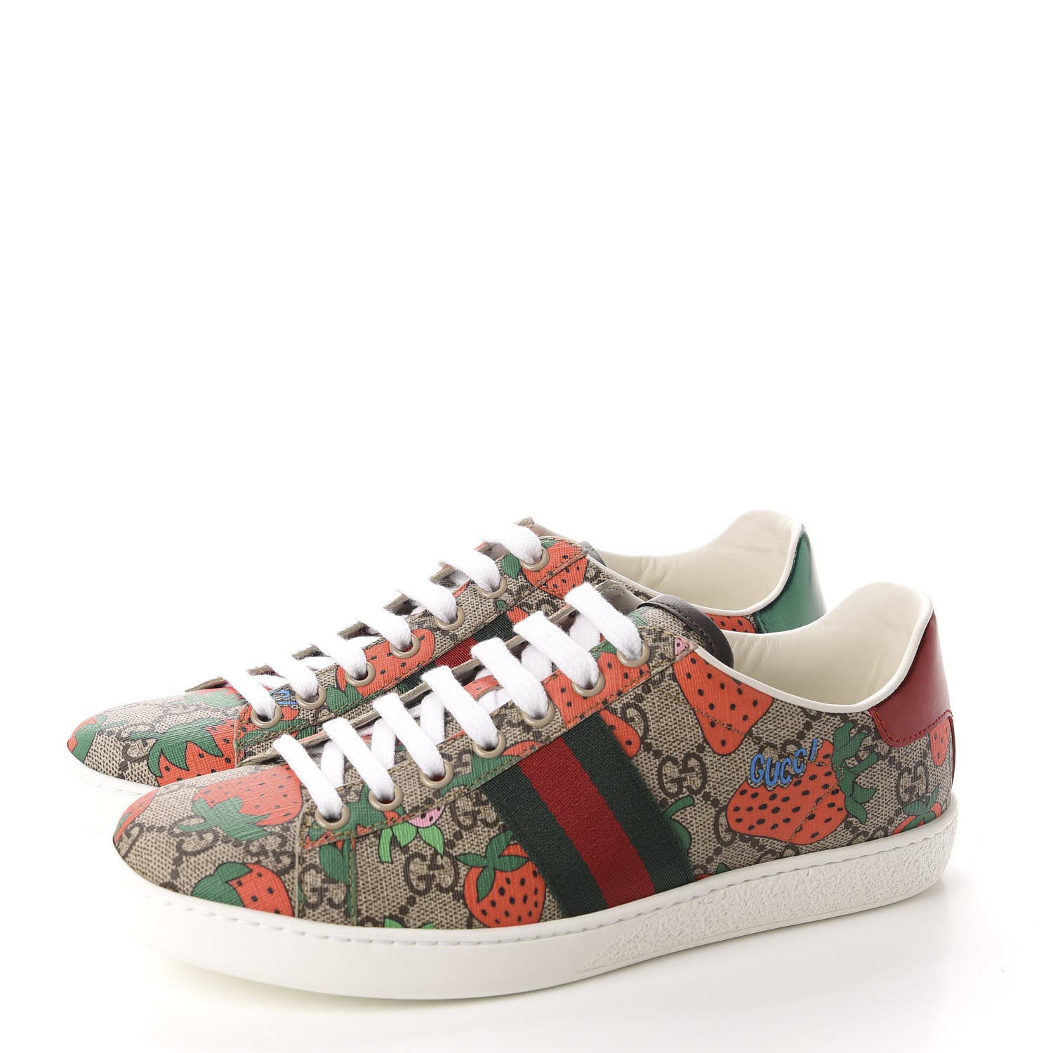 Gucci GG Supreme Monogram Strawberry Web Womens Ace Sneakers 37 Beige Multicolor Red Green 3 of 10