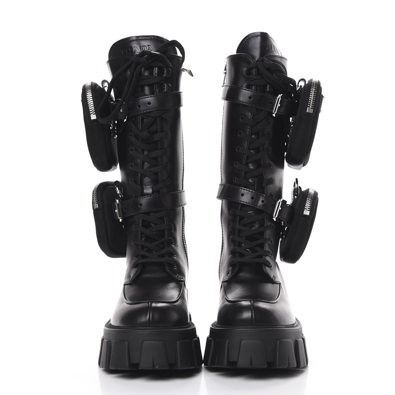 Prada Vitello Lux Nylon Metal Triangle Logo Monolith Pouch Pocket 55mm Tall Combat Boots 35 Black 2 of 8