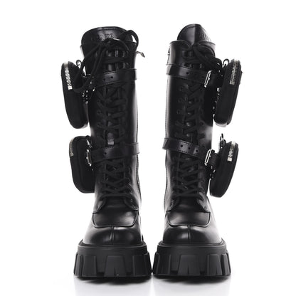 Prada Vitello Lux Nylon Metal Triangle Logo Monolith Pouch Pocket 55mm Tall Combat Boots 35 Black 2 of 8