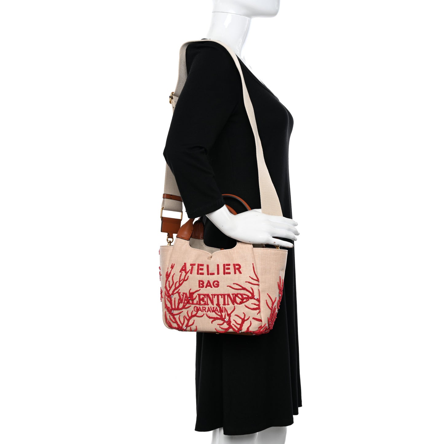 Canvas Beaded Atelier Print Tote Bag Naturale Red