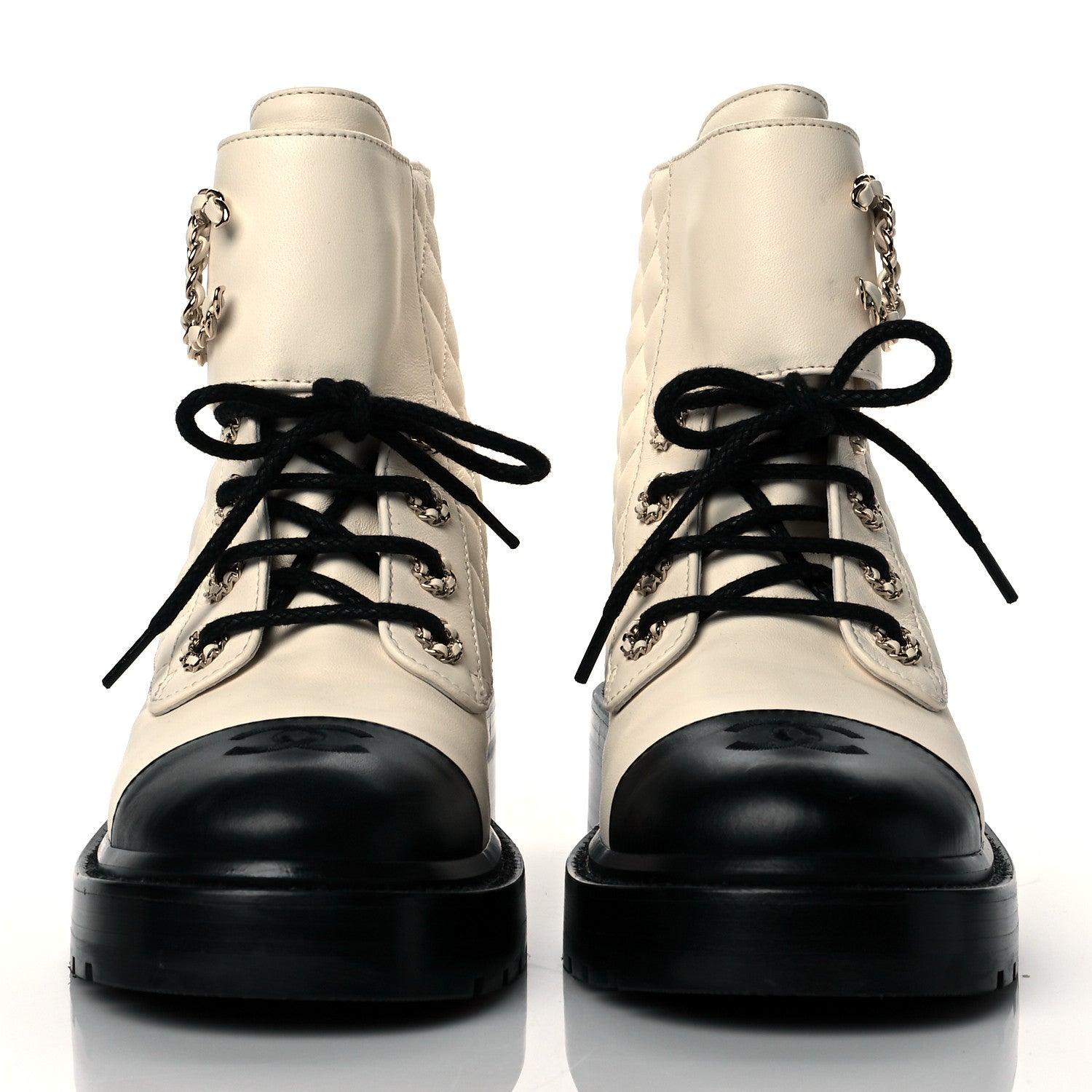 Chanel Shiny Goatskin Calfskin Quilted Lace Up Combat Boots 37 Ivory Black 3 of 9