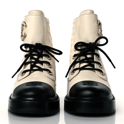 Chanel Shiny Goatskin Calfskin Quilted Lace Up Combat Boots 37 Ivory Black 3 of 9