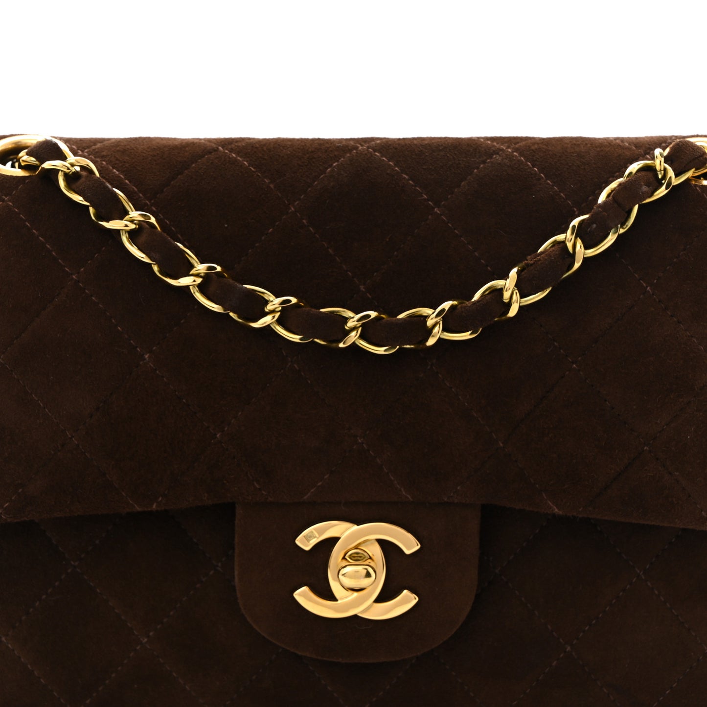 Suede Quilted Small Double Flap Dark Brown
