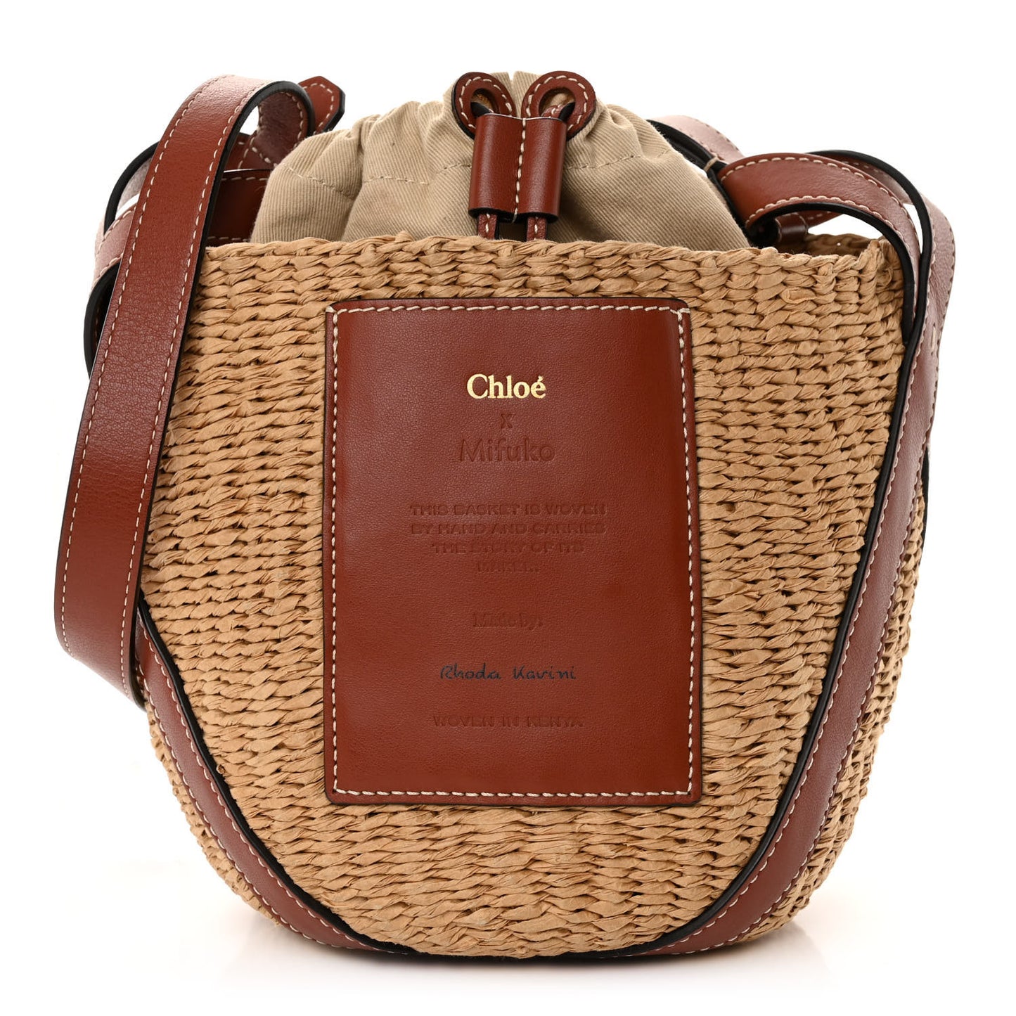 X MIFUKO Raffia Calfskin Basket Shoulder Bag Brown