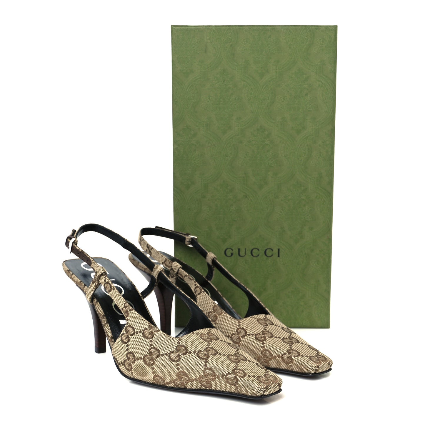 Monogram Malga Kid Square G 75mm Slingback Pumps 37.5 Beige Ebony New Acero