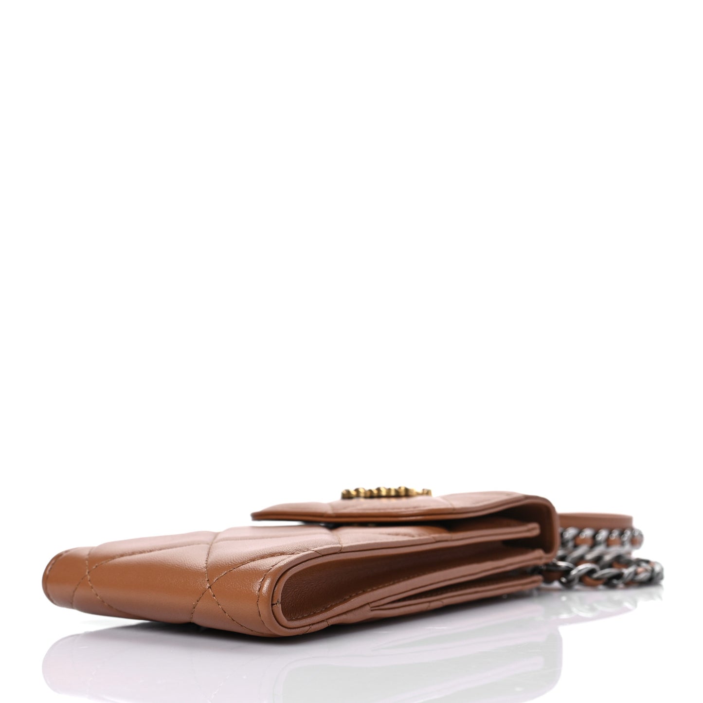 Lambskin Quilted Chanel 19 Phone Holder With Chain Brown