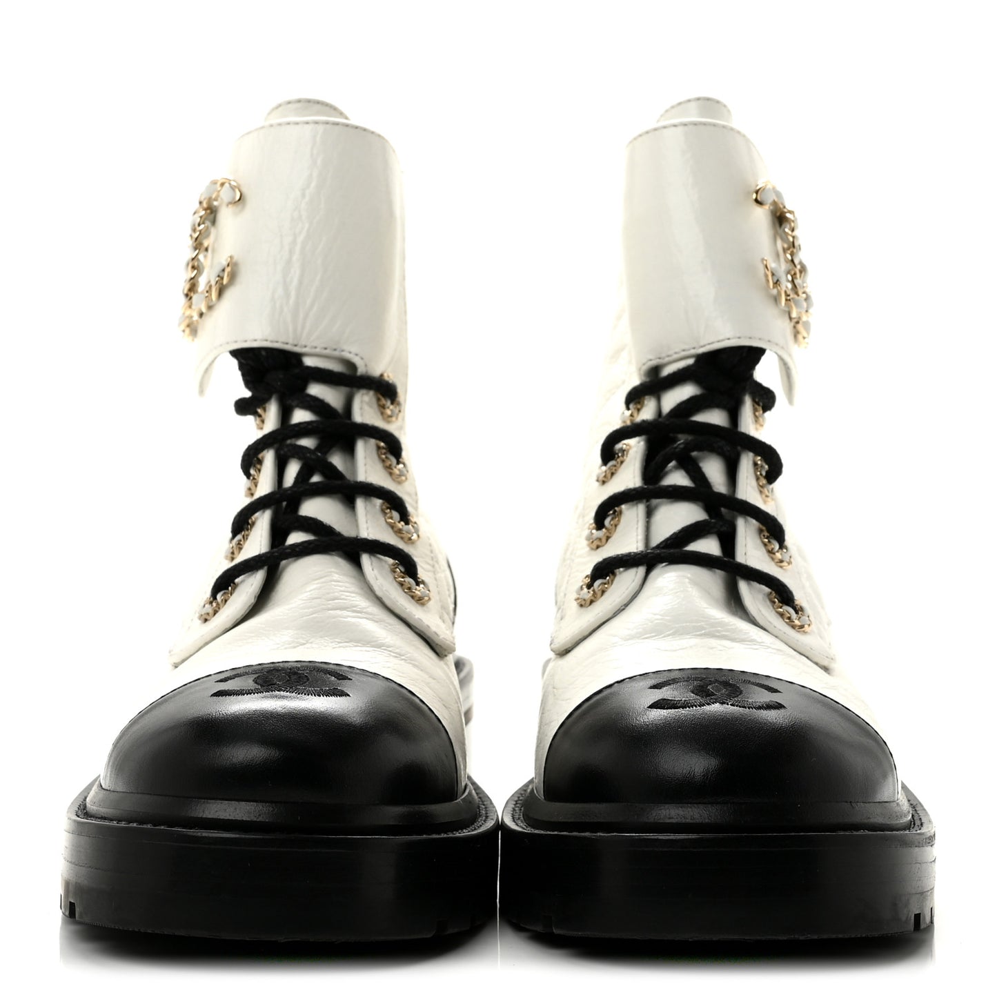 Shiny Goatskin Calfskin Quilted Lace Up Combat Boots 39 White Black