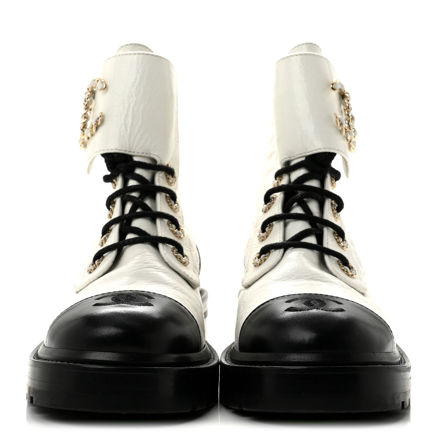 Chanel Shiny Goatskin Calfskin Quilted Lace Up Combat Boots 39 White Black 3 of 11