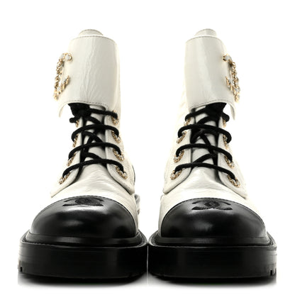 Chanel Shiny Goatskin Calfskin Quilted Lace Up Combat Boots 39 White Black 3 of 11