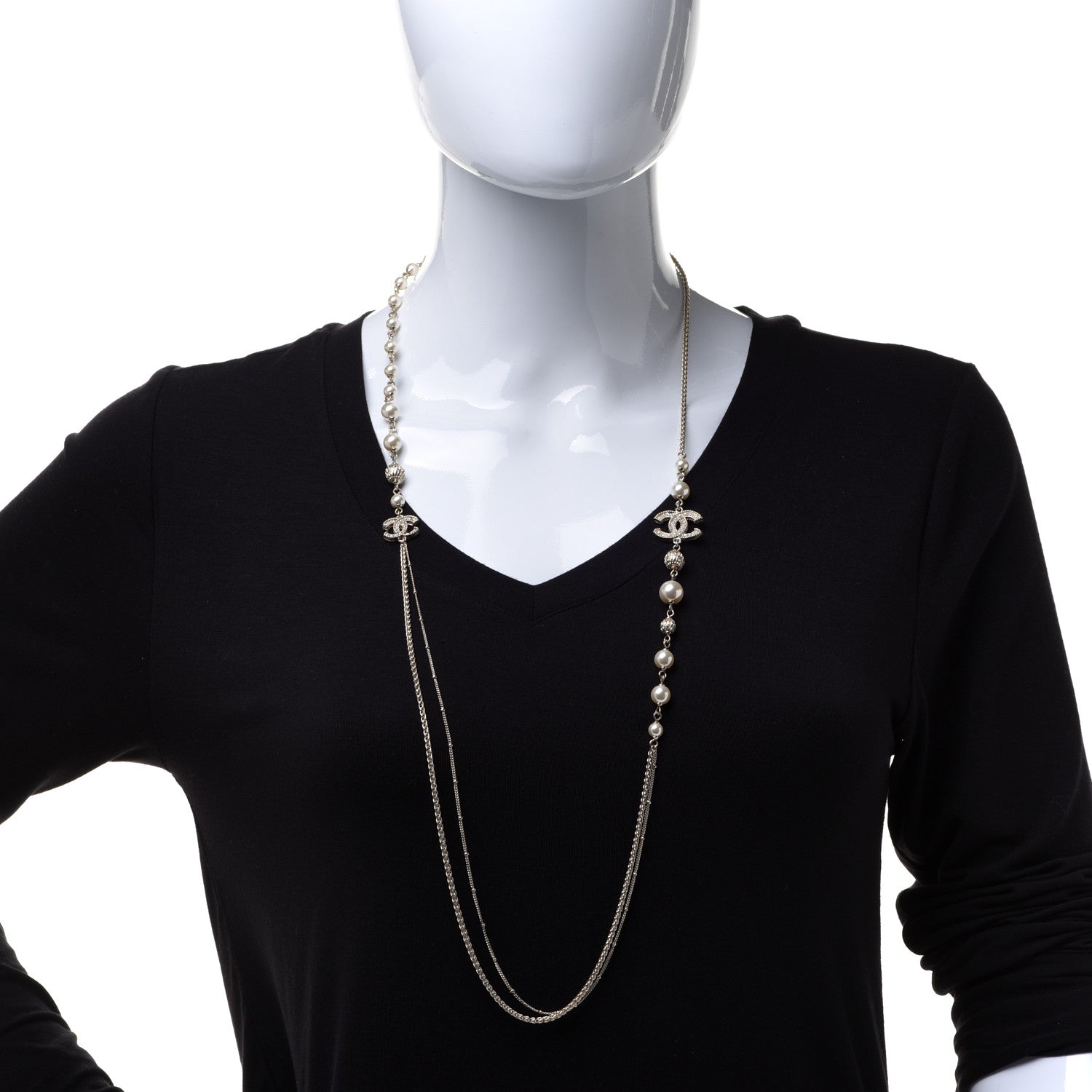 Chanel Pearl Crystal CC Long Necklace Gold 2 of 7