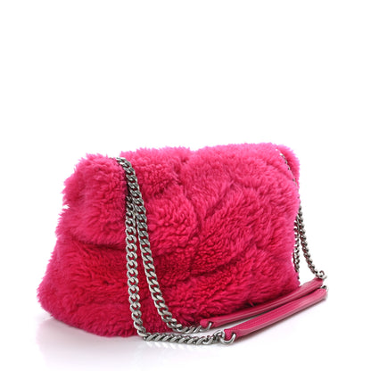 Saint Laurent Merino Shearling Lambskin Quilted Small Loulou Puffer Monogram Chain Satchel Fuchsia 3 of 8