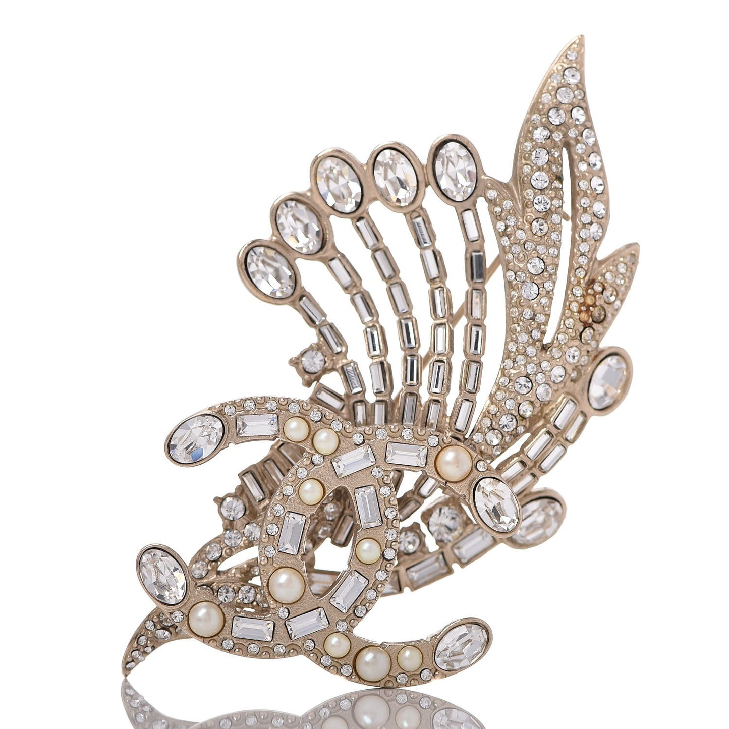 Crystal Pearl CC Wing Brooch Gold