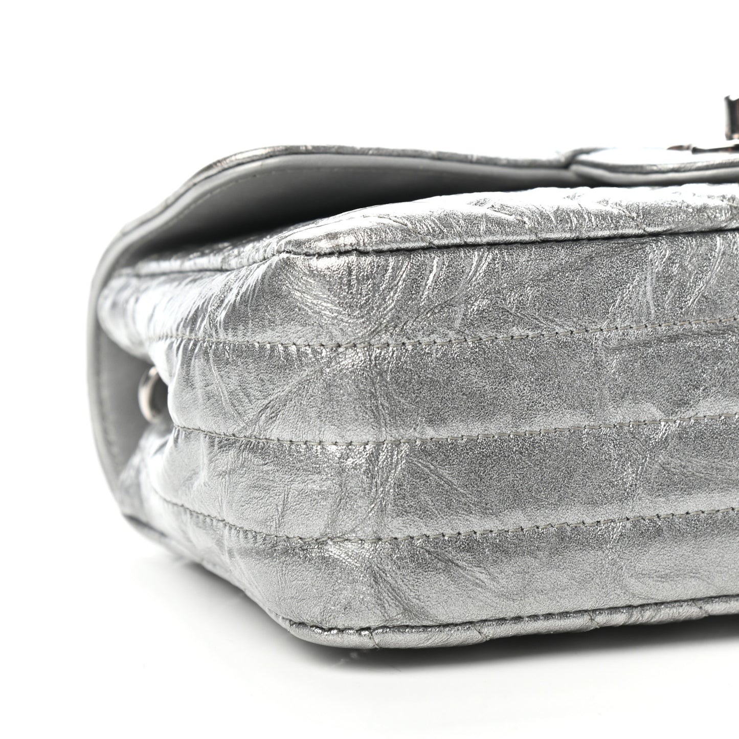 Patent Metallic Crumpled Calfskin Chevron Quilted Mini Rectangular Flap Silver