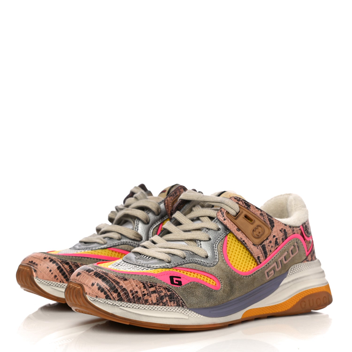 Gucci Suede Calfskin Tejus Printed Womens Ultrapace Sneakers 37 Pink Silver Oatmeal Yolk 5 of 11