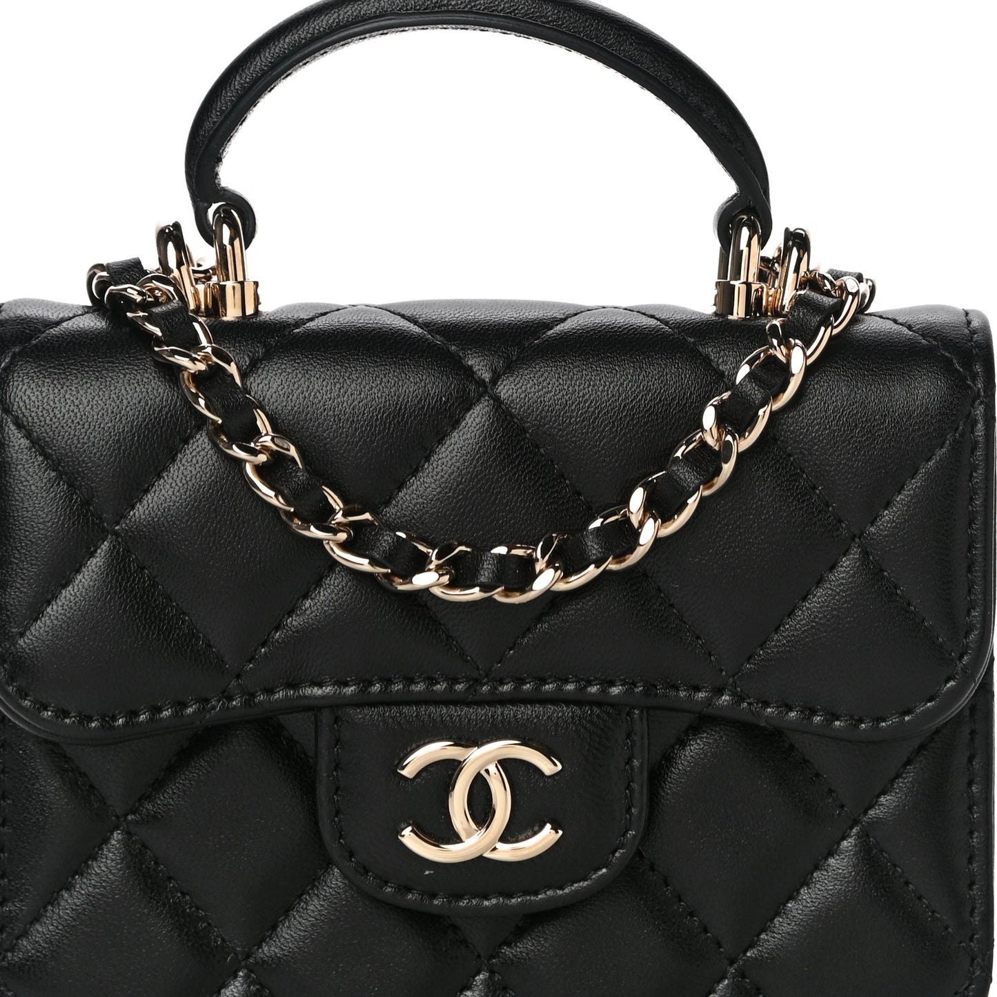 Lambskin Quilted Top Handle Flap Coin Purse With Chain Black