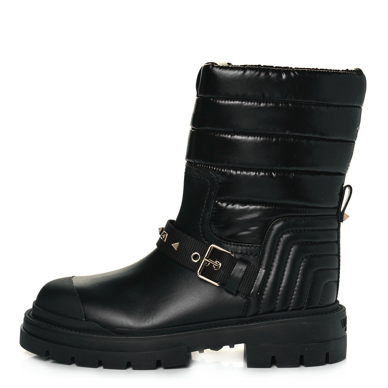 Valentino Garavani Calfskin Nylon Quilted Waterproof Rockstud 40mm Biker Boots 39 Black 1 of 9