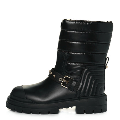 Valentino Garavani Calfskin Nylon Quilted Waterproof Rockstud 40mm Biker Boots 39 Black 1 of 9