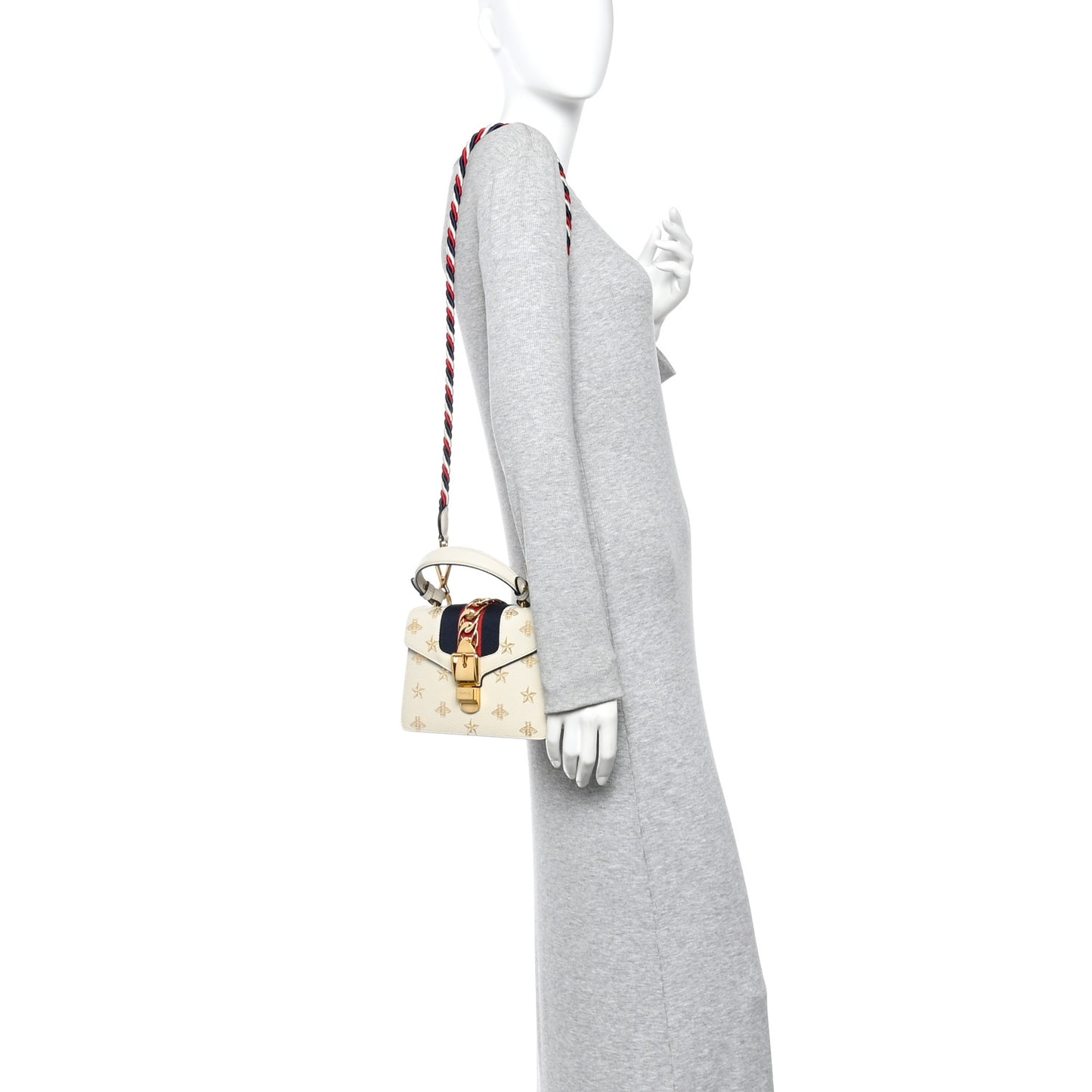 Textured Calfskin Bee Star Print Mini Sylvie Top Handle Bag Mystic White