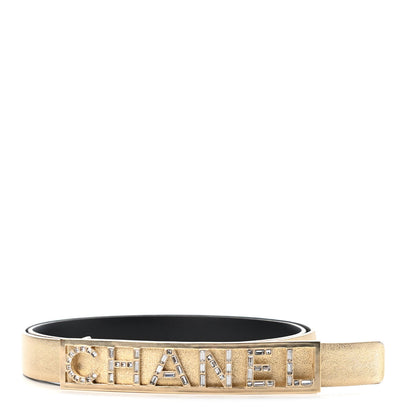 Chanel Metallic Lambskin Crystal Baguette Logo Belt 80 32 Gold 1 of 4