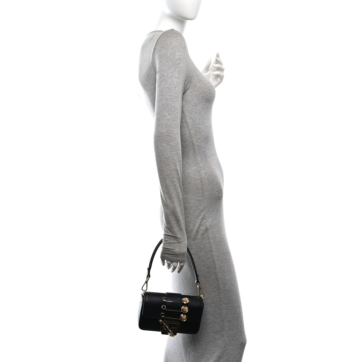 X VERSACE Vitello Seta Fendace Mini Brooch Baguette Black