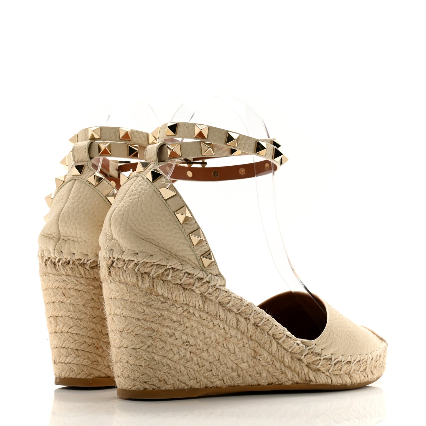 Grained Calfskin Rockstud Ankle Wrap Espadrille 15/85mm Wedges 38 Light Ivory