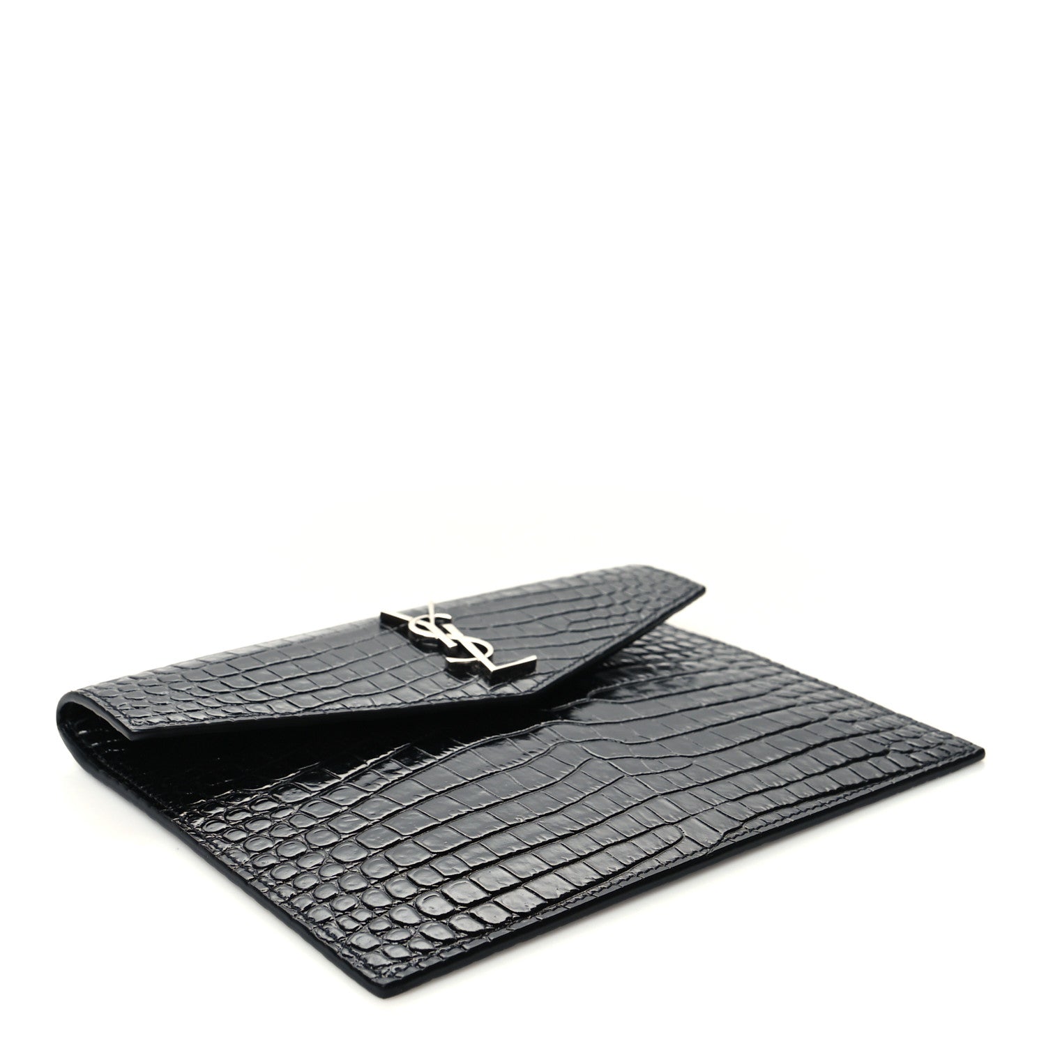 Saint Laurent Calfskin Crocodile Embossed Monogram Uptown Baby Pouch Black 4 of 7