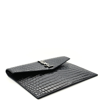 Saint Laurent Calfskin Crocodile Embossed Monogram Uptown Baby Pouch Black 4 of 7