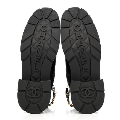 Chanel Shiny Calfskin Patent Quilted Chain Lace Up Combat Boots 40 Black 5 of 9