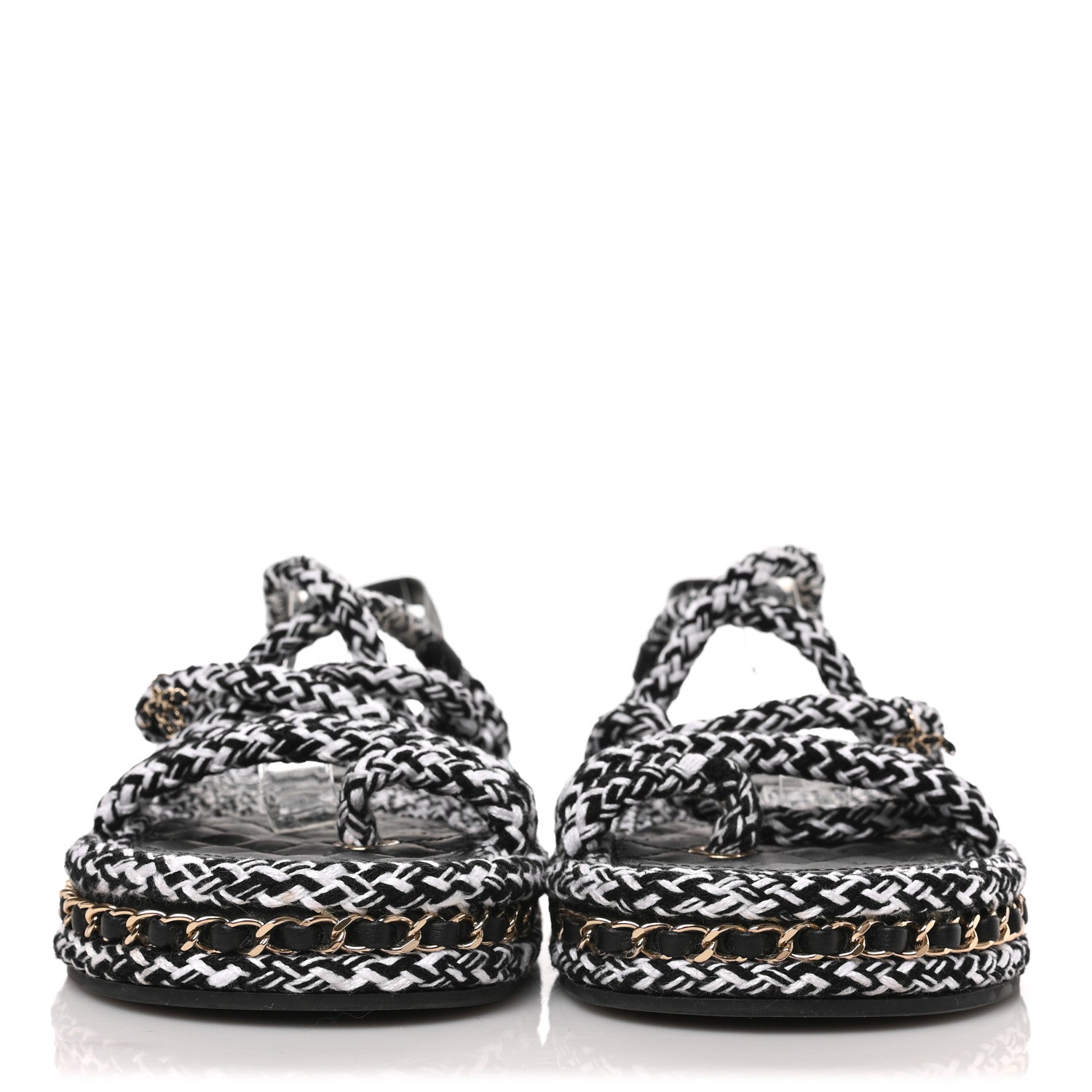 Chanel Cord Lambskin Quilted Logo Sandals 37 Black White 2 of 8