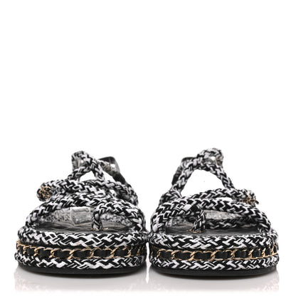 Chanel Cord Lambskin Quilted Logo Sandals 37 Black White 2 of 8